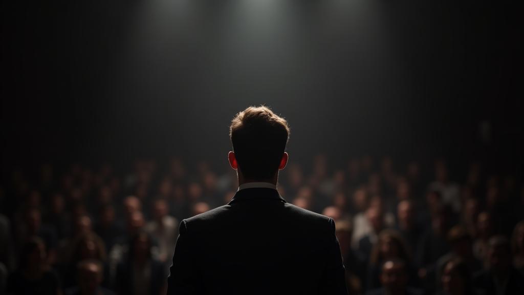 Professional speaking in front of an audience, illustrating confidence and clarity